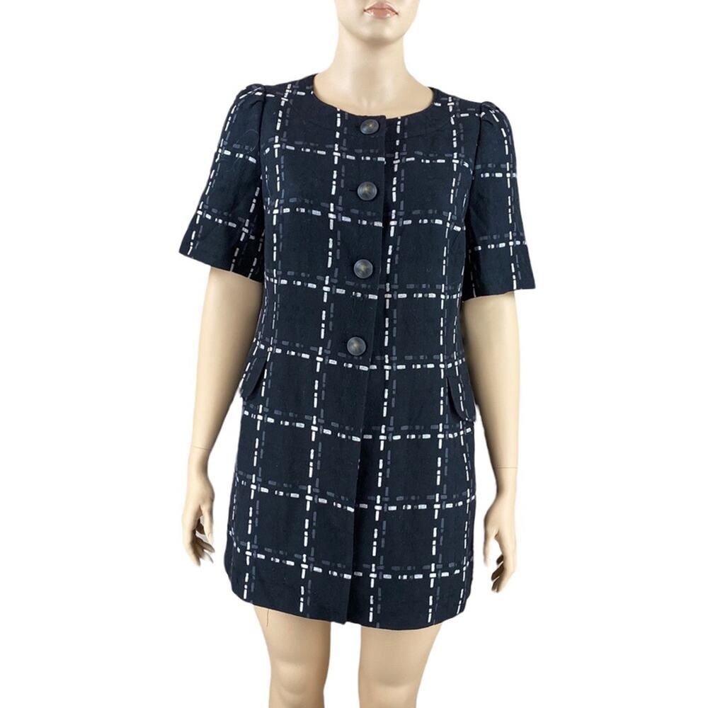 Semantiks Black Plaid Short Sleeve Wool Blend Padded Shoulder Casual Dress 14W